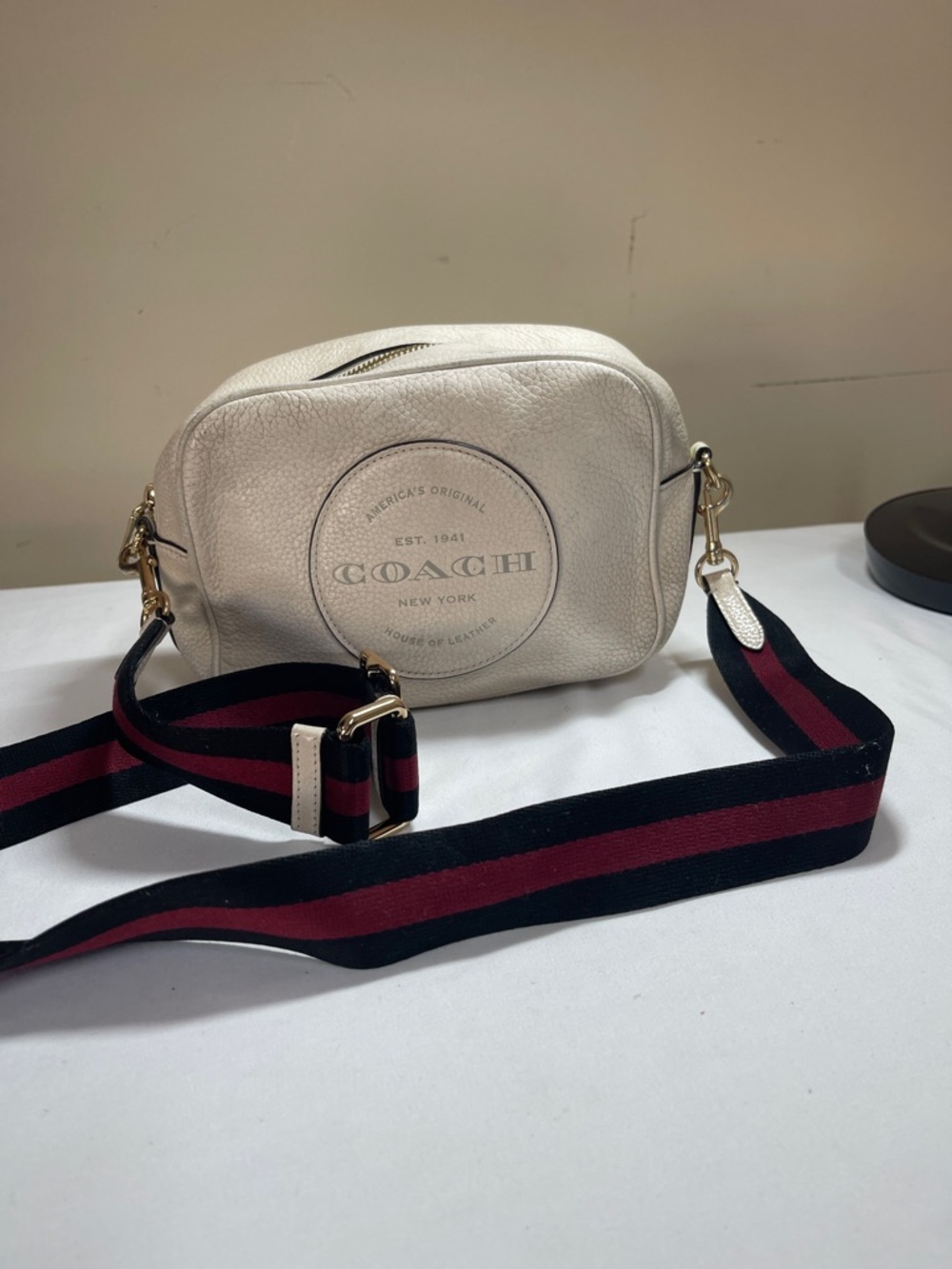 COACH White Pebbled Leather Crossbody with Navy & Burgundy Stripe Strap